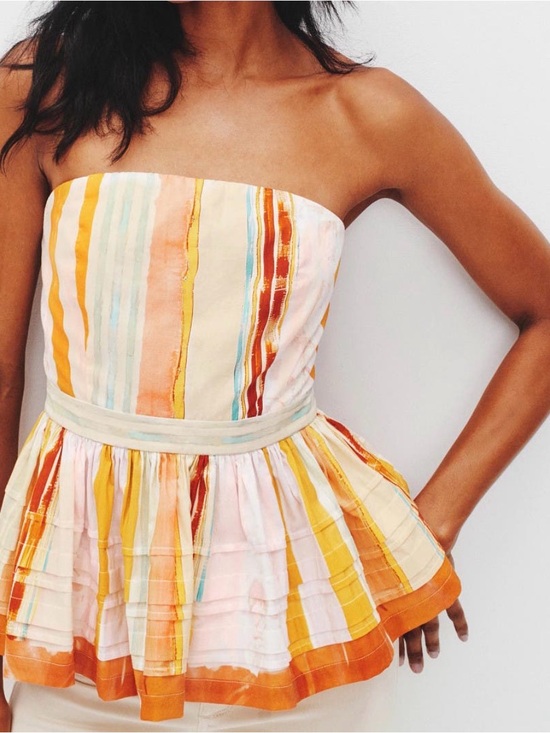 HUNTER BELL Tops - HUNTER BELL Strapless Peplum Top in Yellow, Orange, Blue and Cream